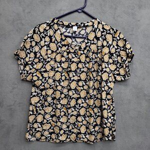 Old‎ Navy Womens Top Black Mustard Floral Bird Print Short Sleeve Button Size M